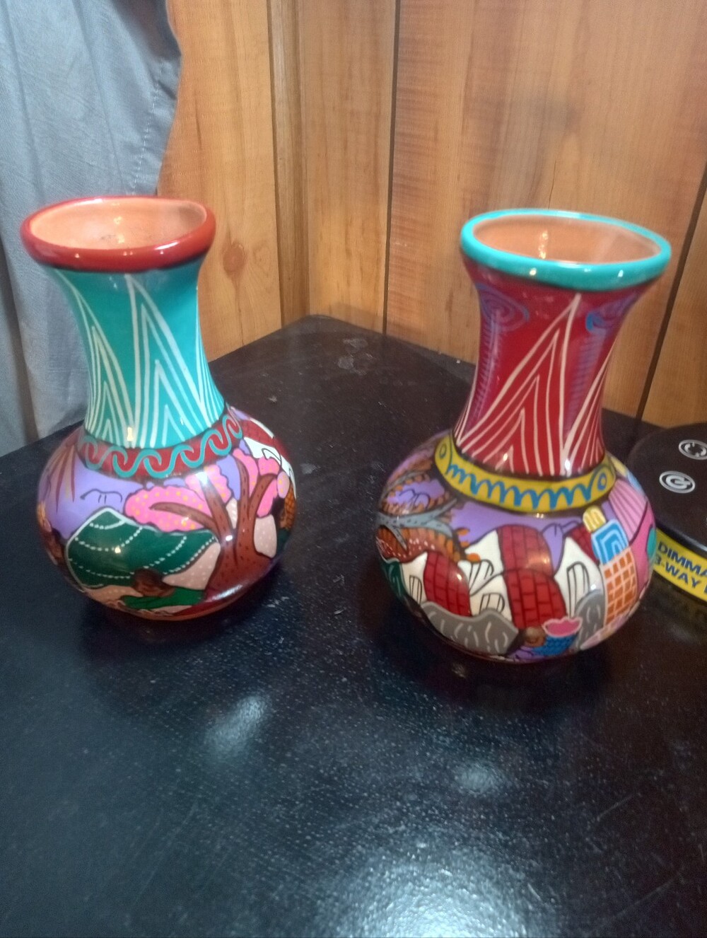 Hand-Painted Isidoore MexicTurquoise & Red Ceramic Vintage Vases